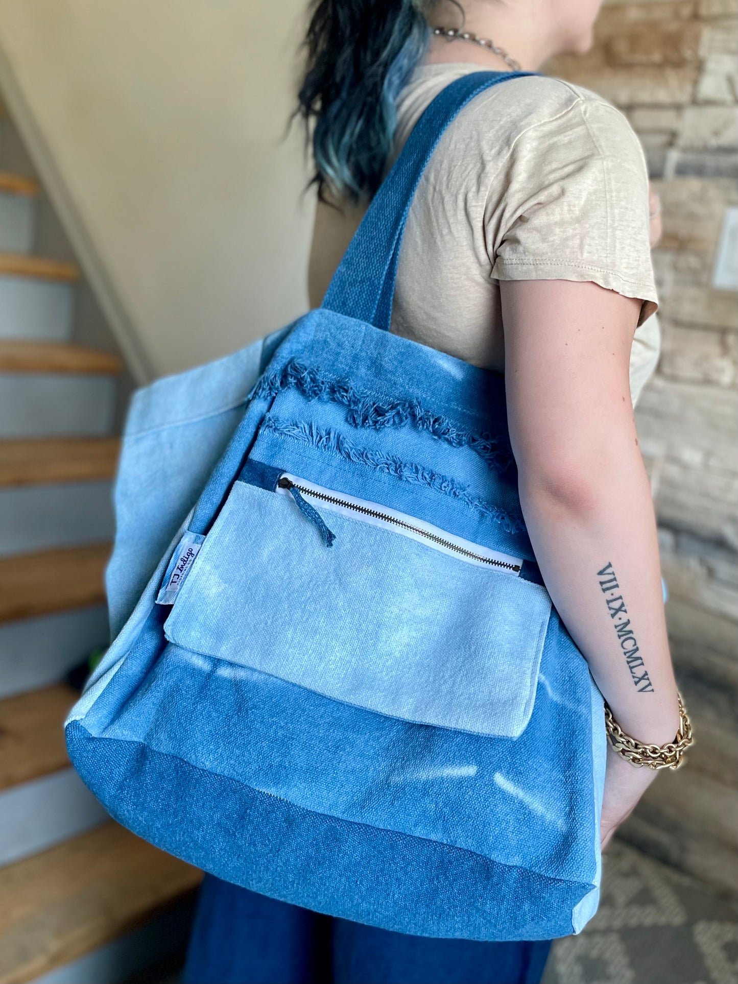 Herringbone Shibori Tote Bag With External Pocket