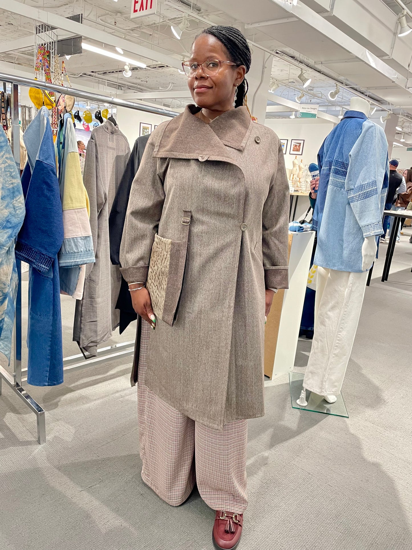 Grey Wool Coat with Leather Patch Pocket