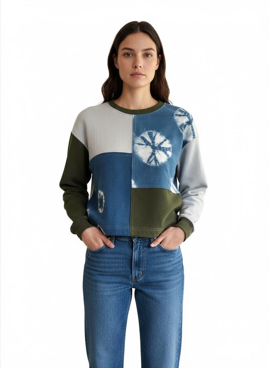 Cropped Patchwork Sweater in Moss and Indigo