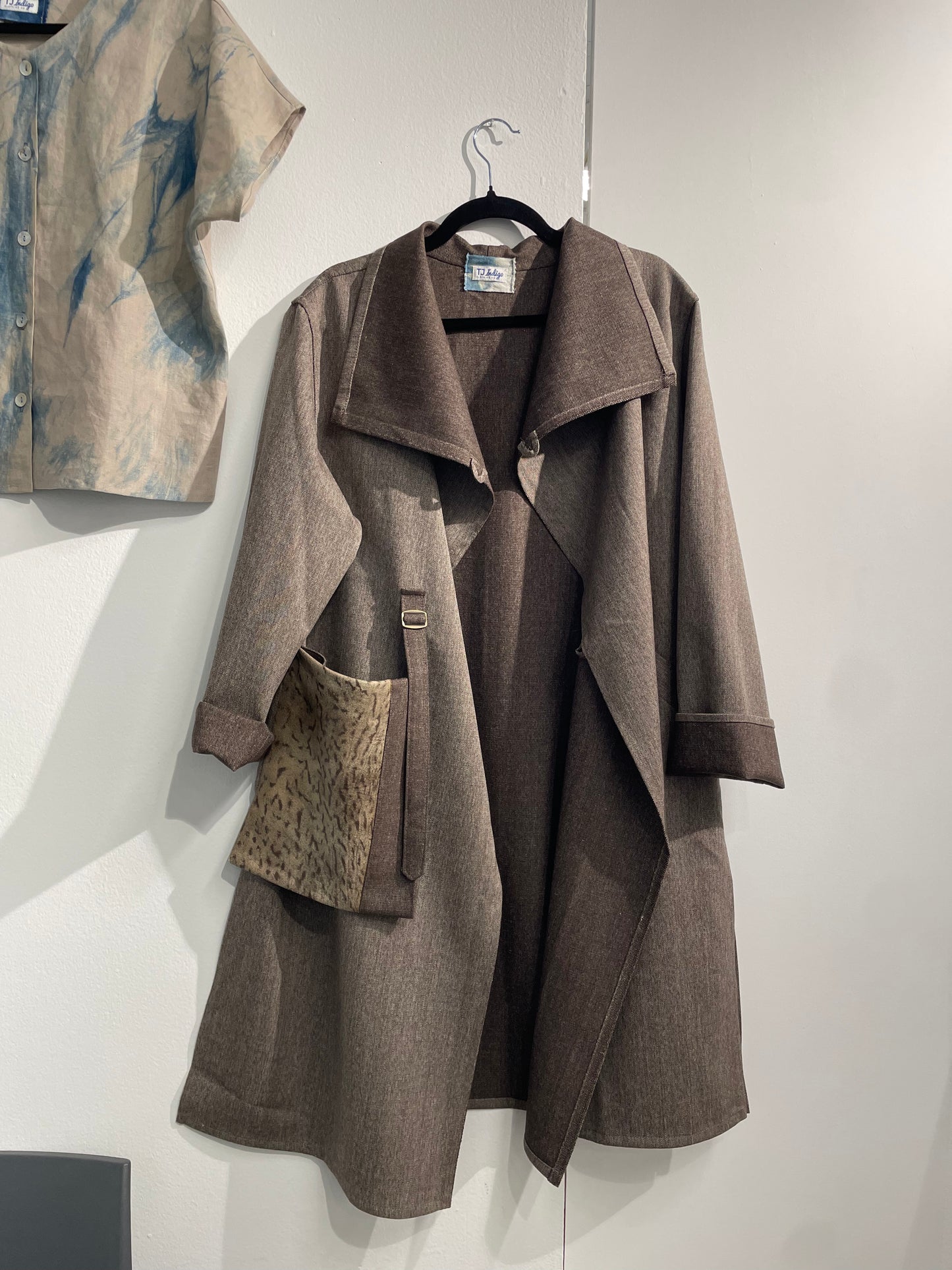 Grey Wool Coat with Leather Patch Pocket
