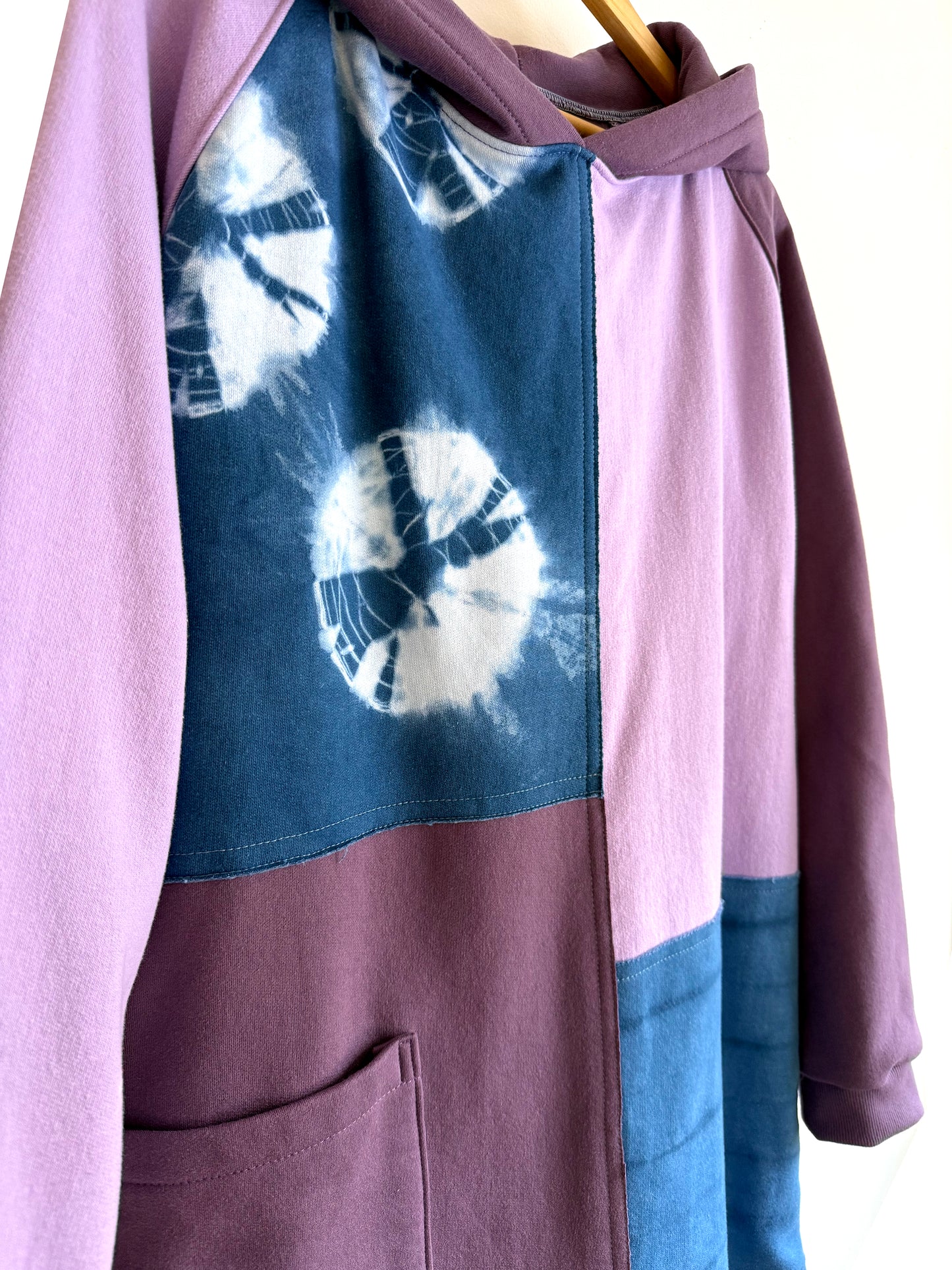 Hooded Patchwork Sweatshirt Dress in Plum