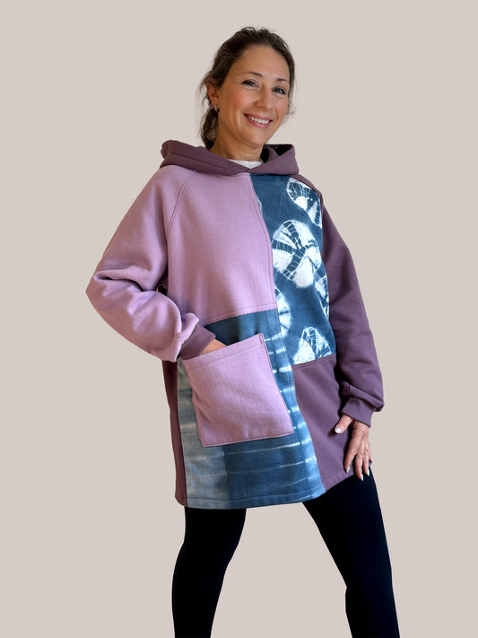 Hooded Patchwork Sweatshirt Dress in Plum