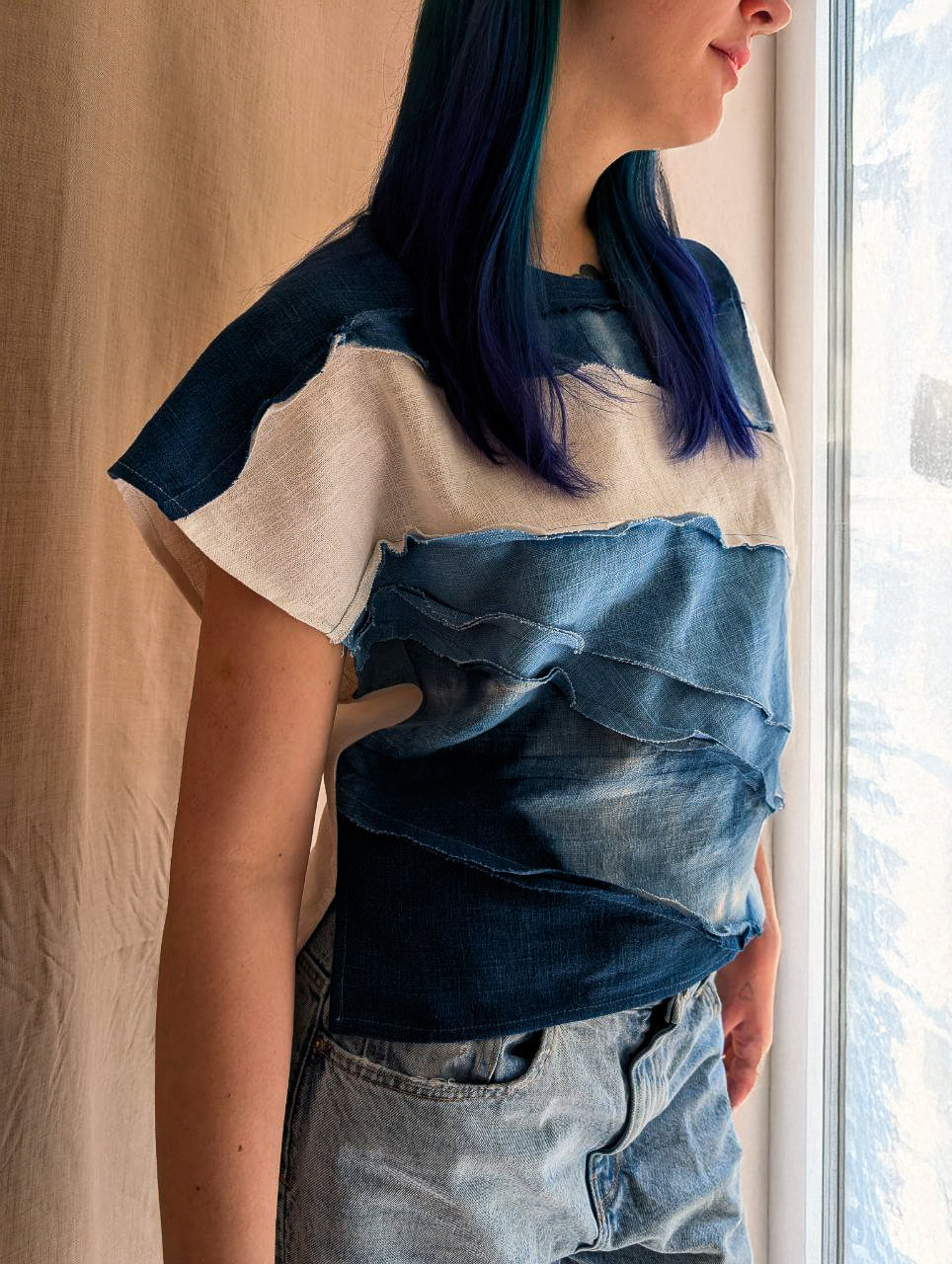 Indigo Waves Patchwork Top in Ramie