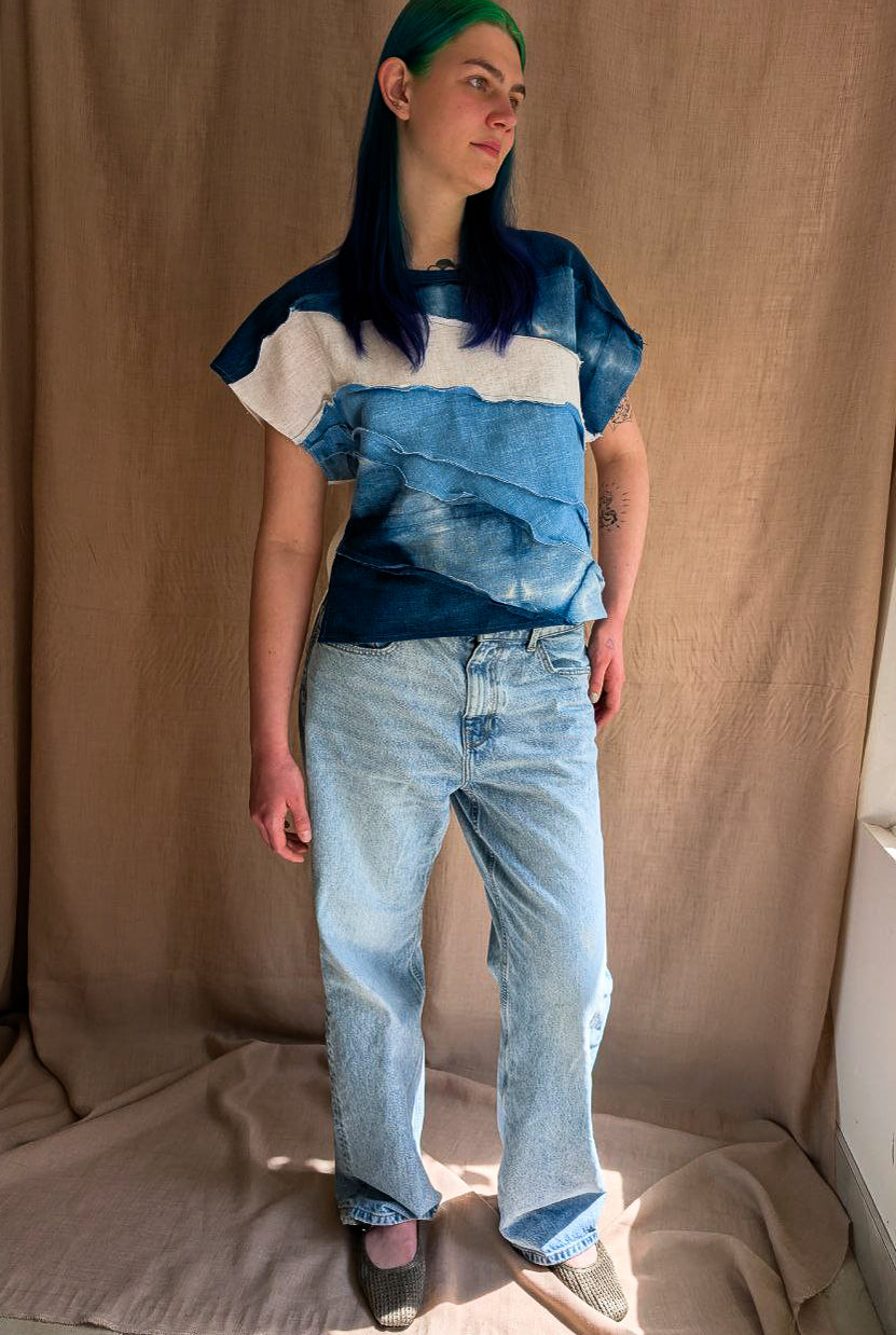 Indigo Waves Patchwork Top in Ramie