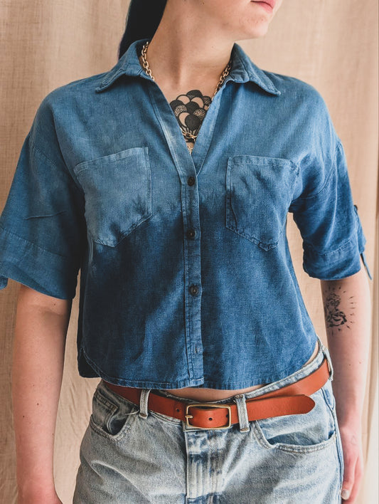 Cropped Linen Shirt in Indigo