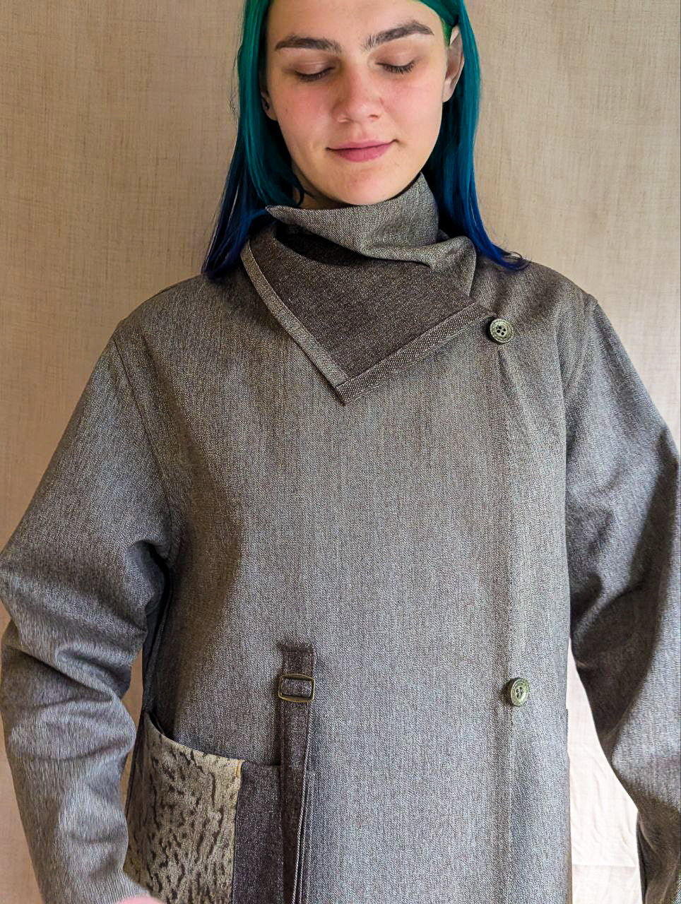 Grey Wool Coat with Leather Patch Pocket