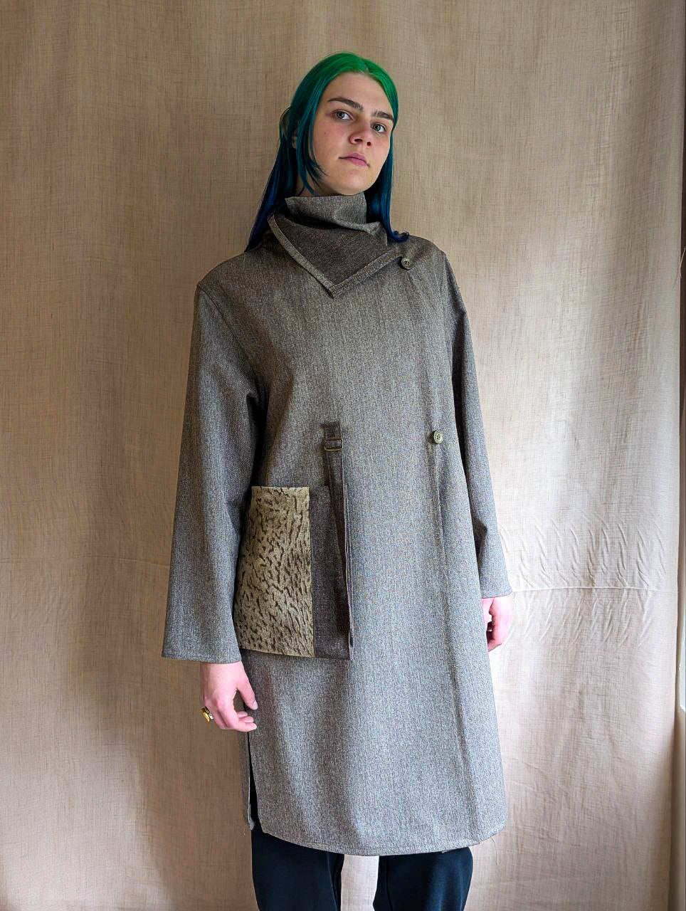 Grey Wool Coat with Leather Patch Pocket