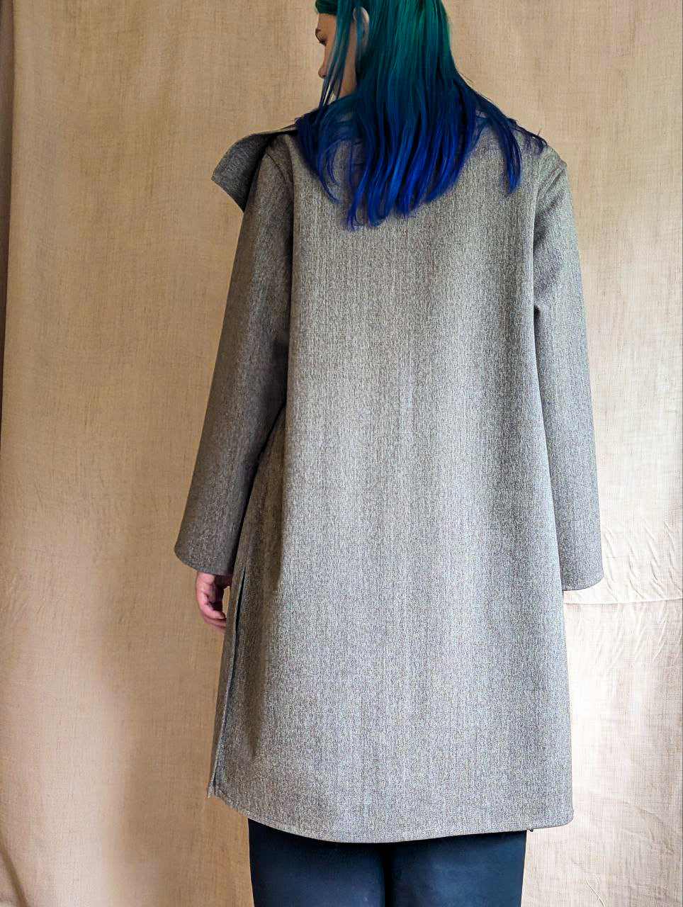 Grey Wool Coat with Leather Patch Pocket