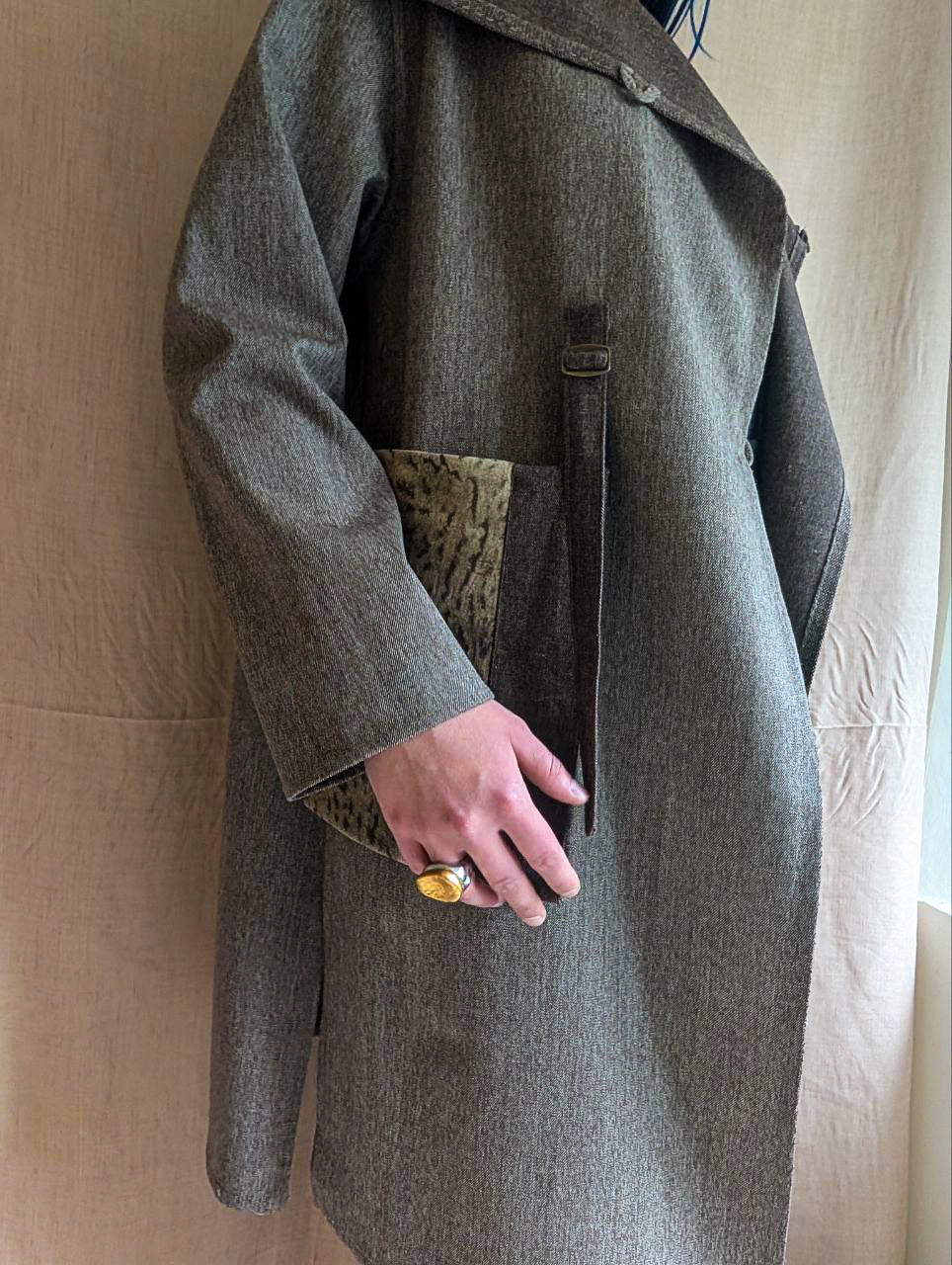 Grey Wool Coat with Leather Patch Pocket