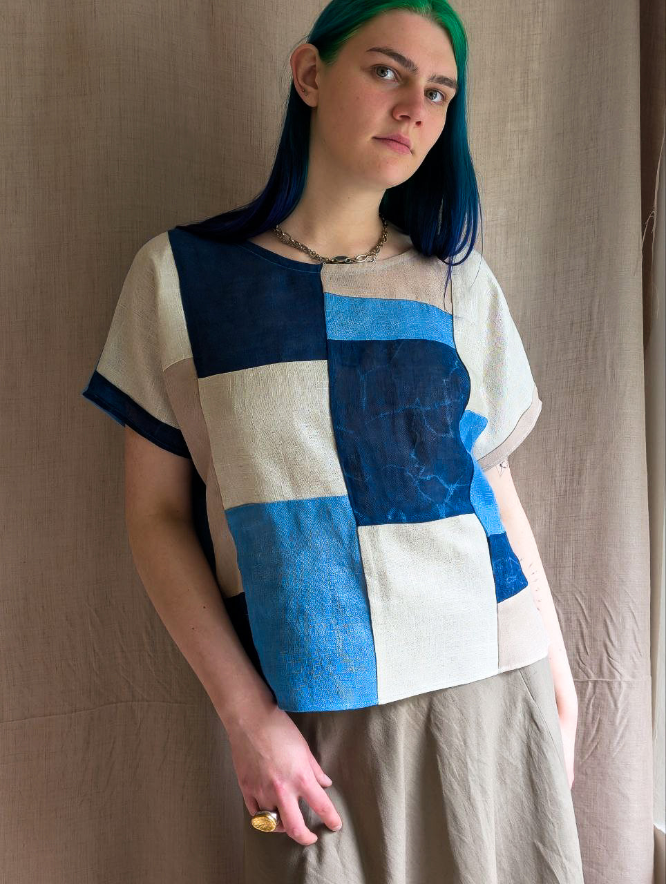 Vertical Linen Patchwork Top in Indigo Sparkles