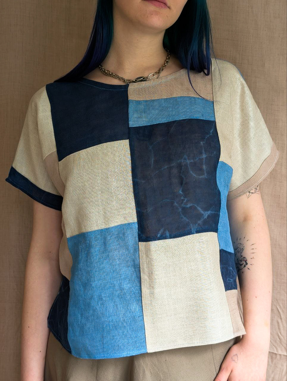 Vertical Linen Patchwork Top in Indigo Sparkles