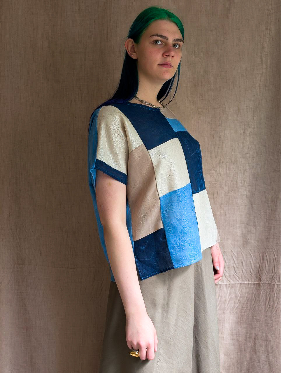 Vertical Linen Patchwork Top in Indigo Sparkles