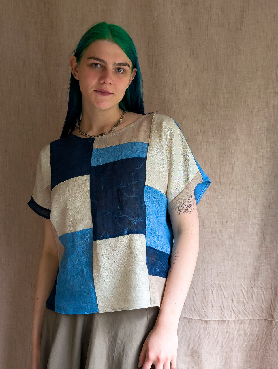 Vertical Linen Patchwork Top in Indigo Sparkles