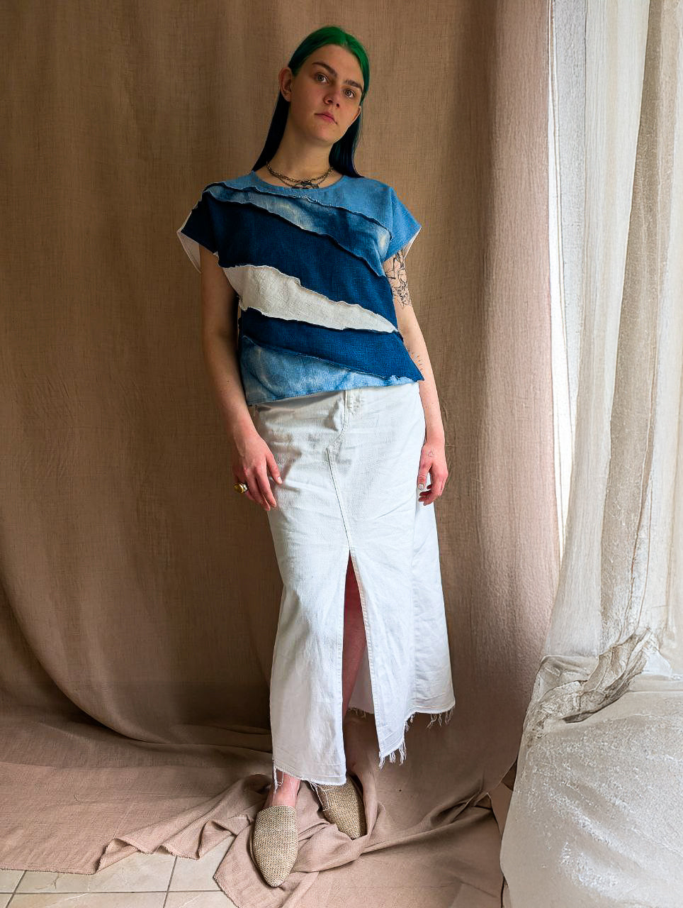 Indigo Waves Patchwork Top in Ramie