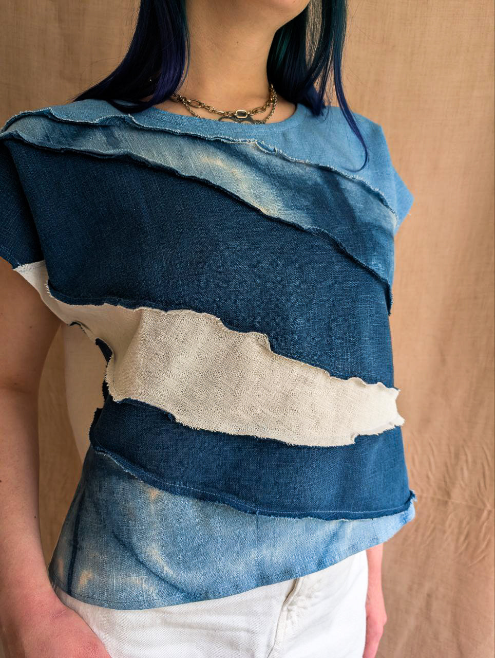 Indigo Waves Patchwork Top in Ramie