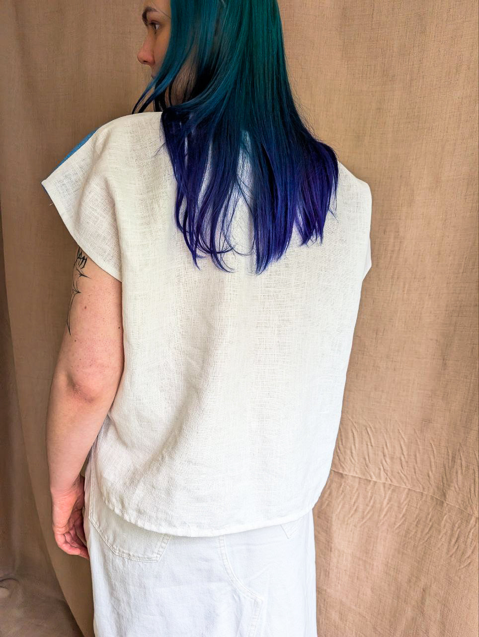 Indigo Waves Patchwork Top in Ramie
