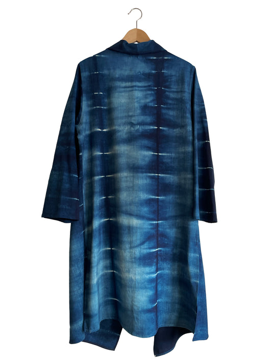 Waterfall Coat with Geometric Indigo Stripes
