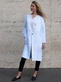 Lena Reversible Linen Vneck Coat in White and Indigo Itajime Shibori