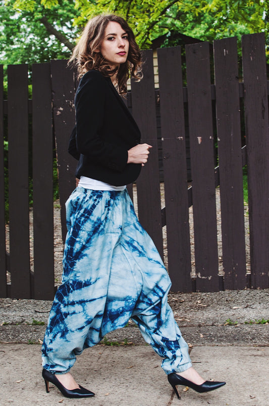 Natural Indigo Arashi Shibori Harem Pants