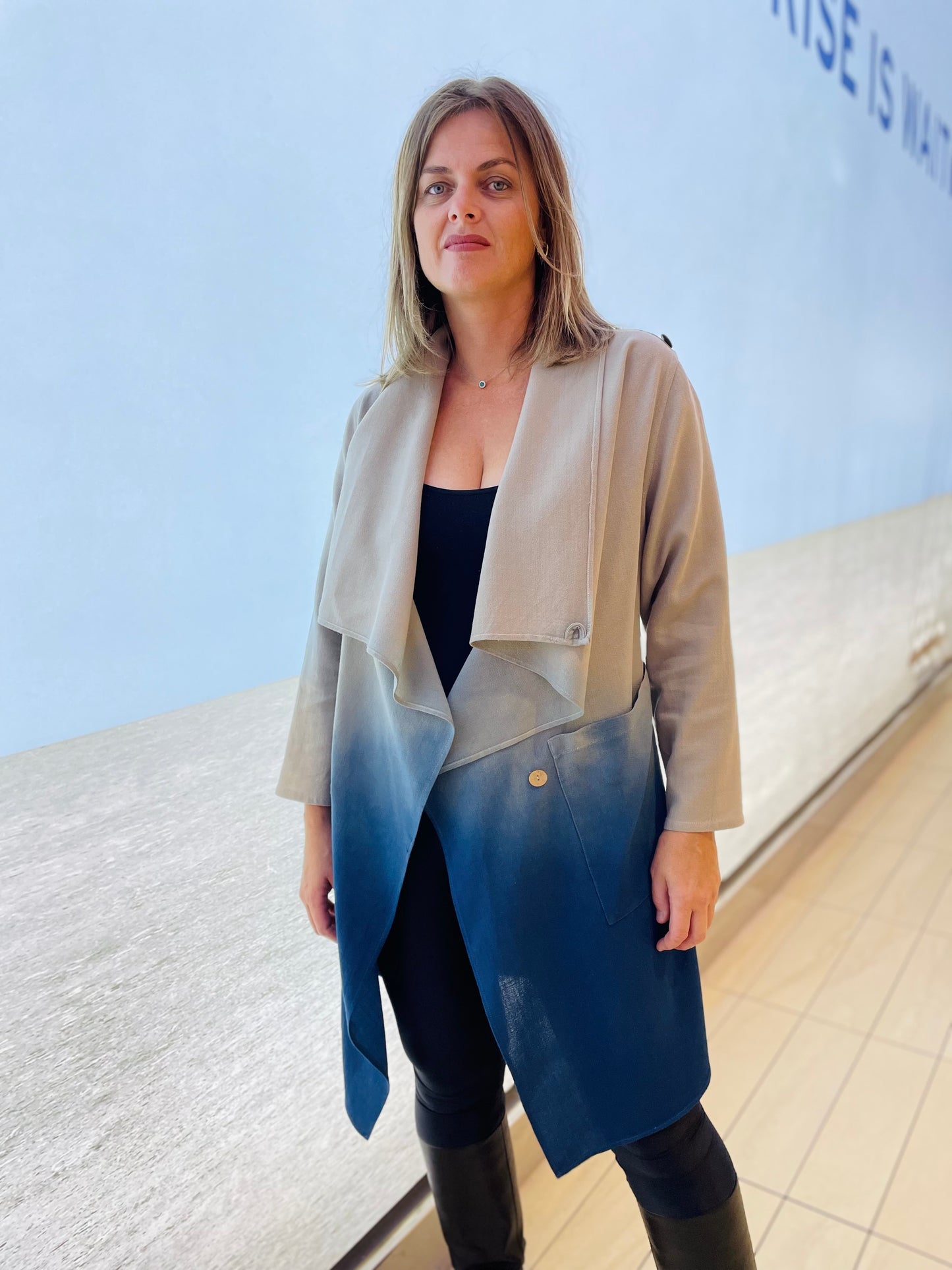 Wool Crepe Waterfall Jacket In Ecru and Indigo Ombre