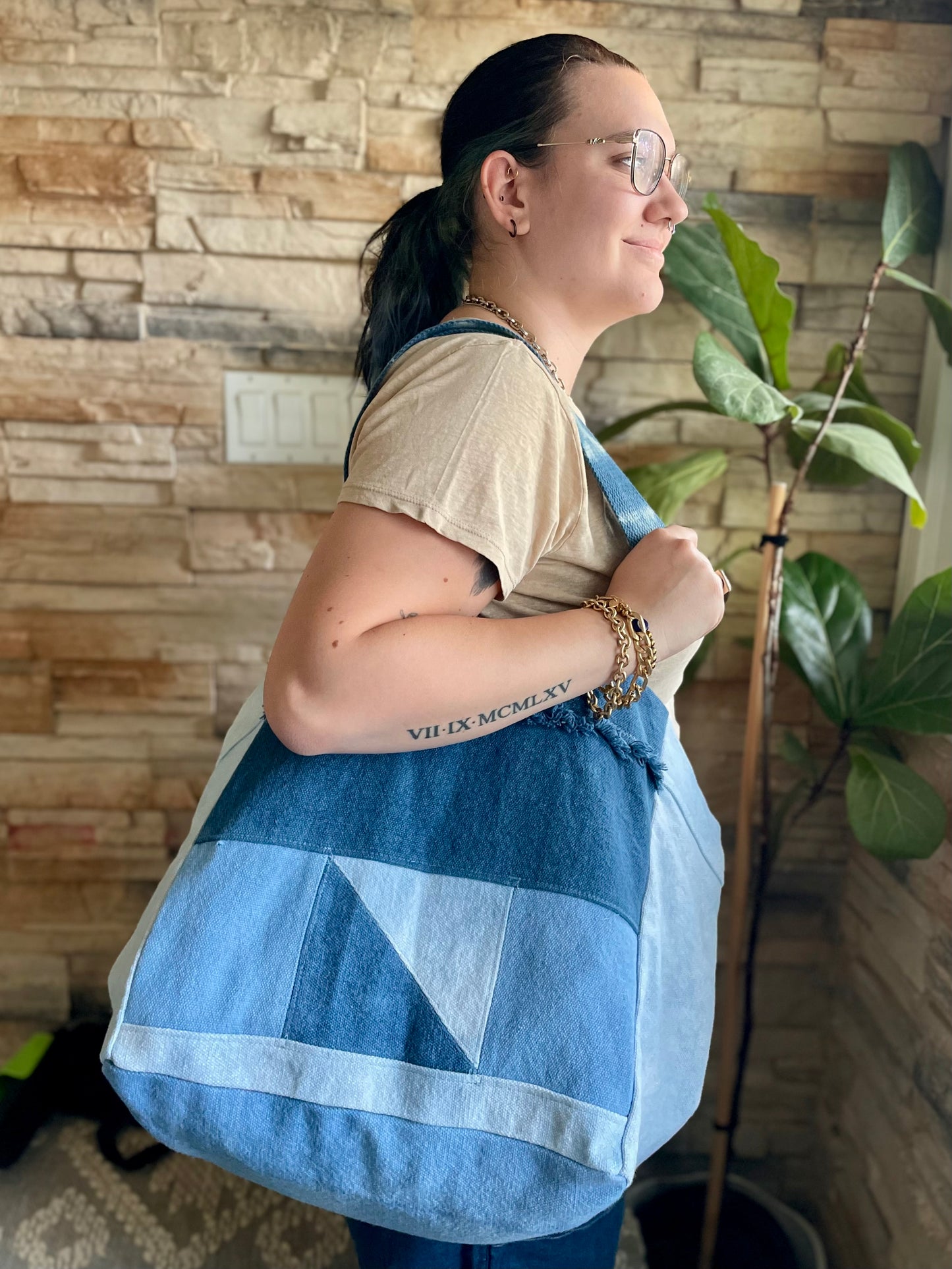 Large Canvas Tote Bag With Patchwork