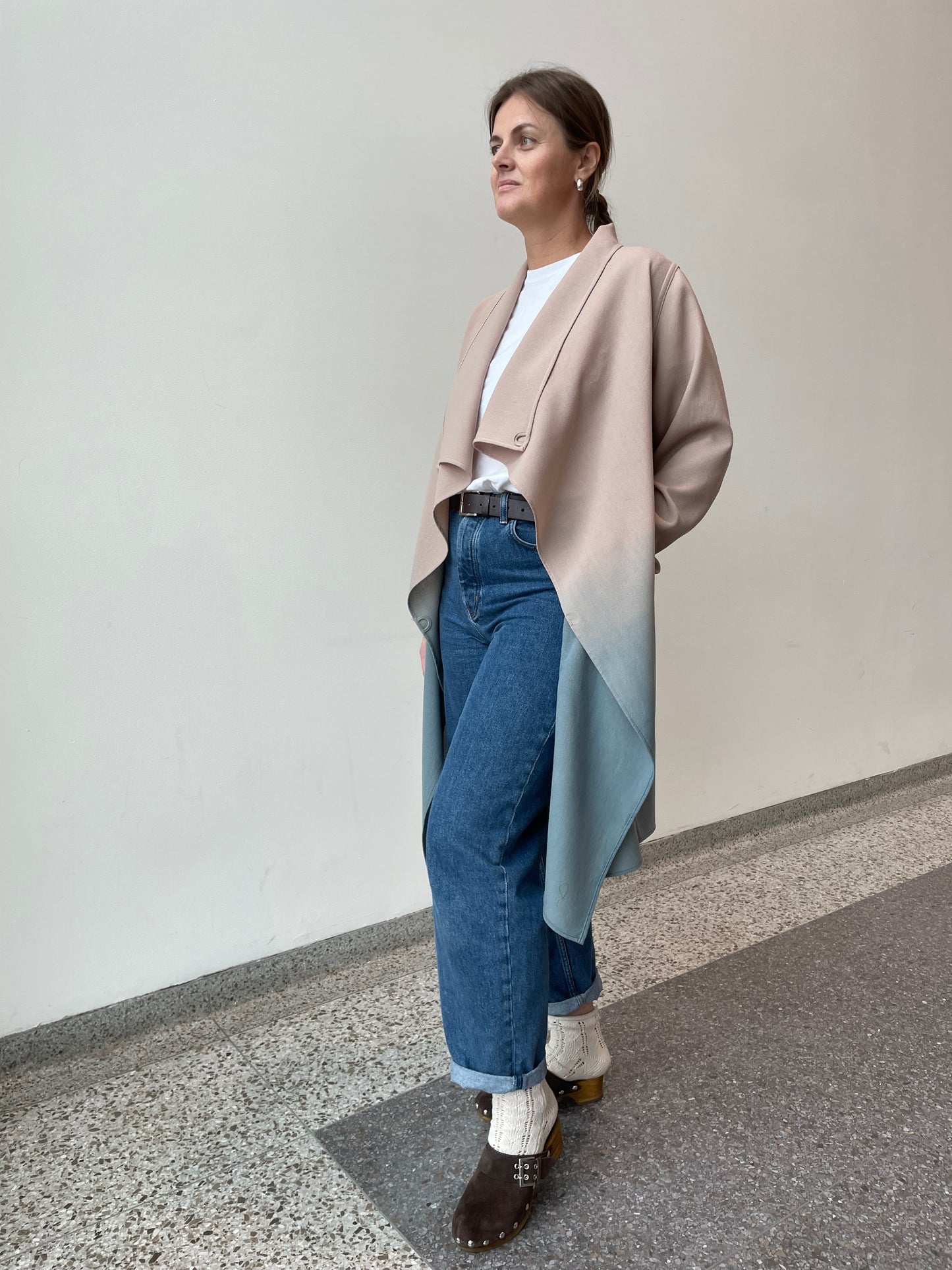 Wool Crepe Waterfall Jacket In Ecru and Indigo Ombre