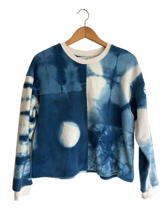 Cropped Small Patchwork Sweater Cream and Indigo M-L