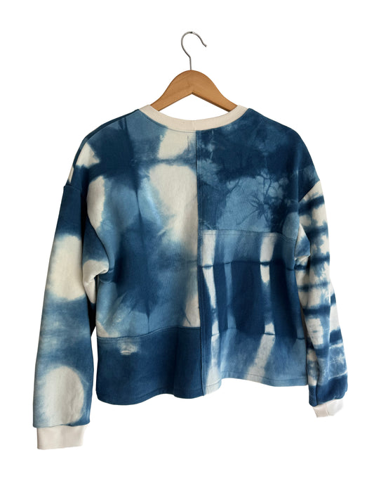 Cropped Small Patchwork Sweater Cream and Indigo M-L
