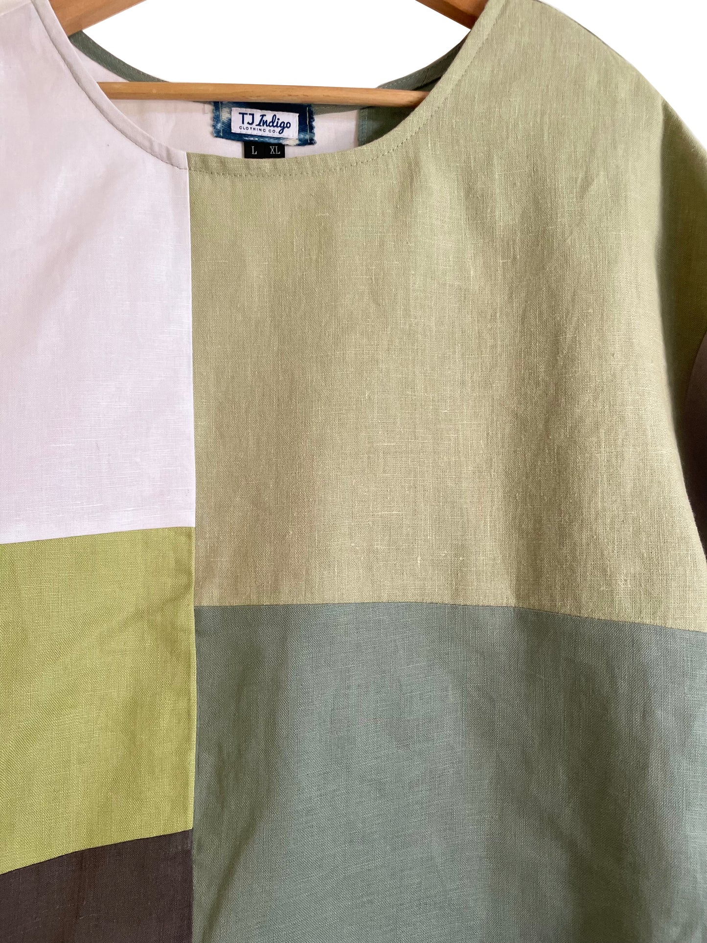 Linen Patchwork Blouse In Sage Green