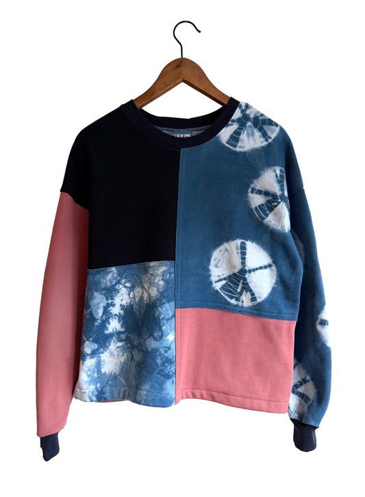 Cropped Patchwork Sweater in Pink and Indigo — M-L