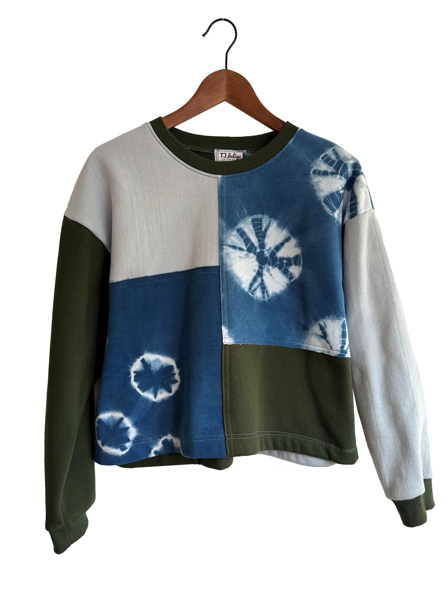 Cropped Patchwork Sweater in Moss and Indigo
