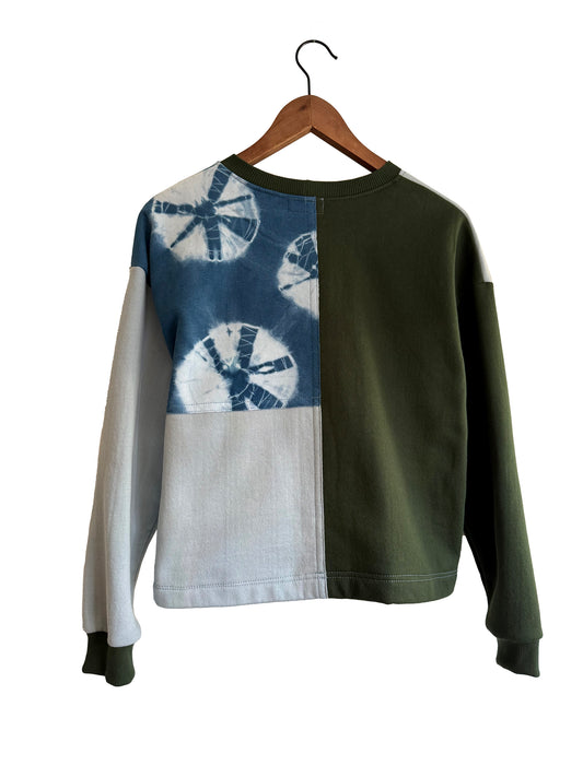 Cropped Patchwork Sweater in Moss and Indigo