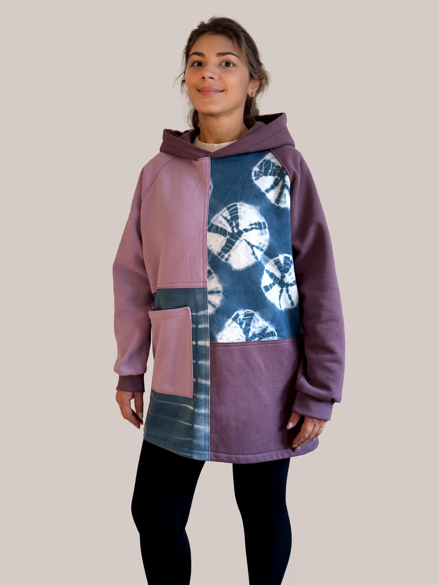 Hooded Patchwork Sweatshirt Dress in Plum