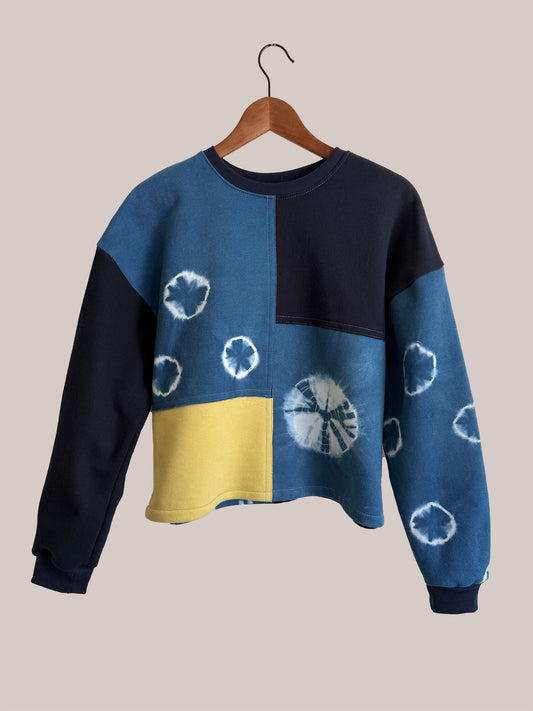 Cropped Patchwork Sweater in Lime and Indigo — M