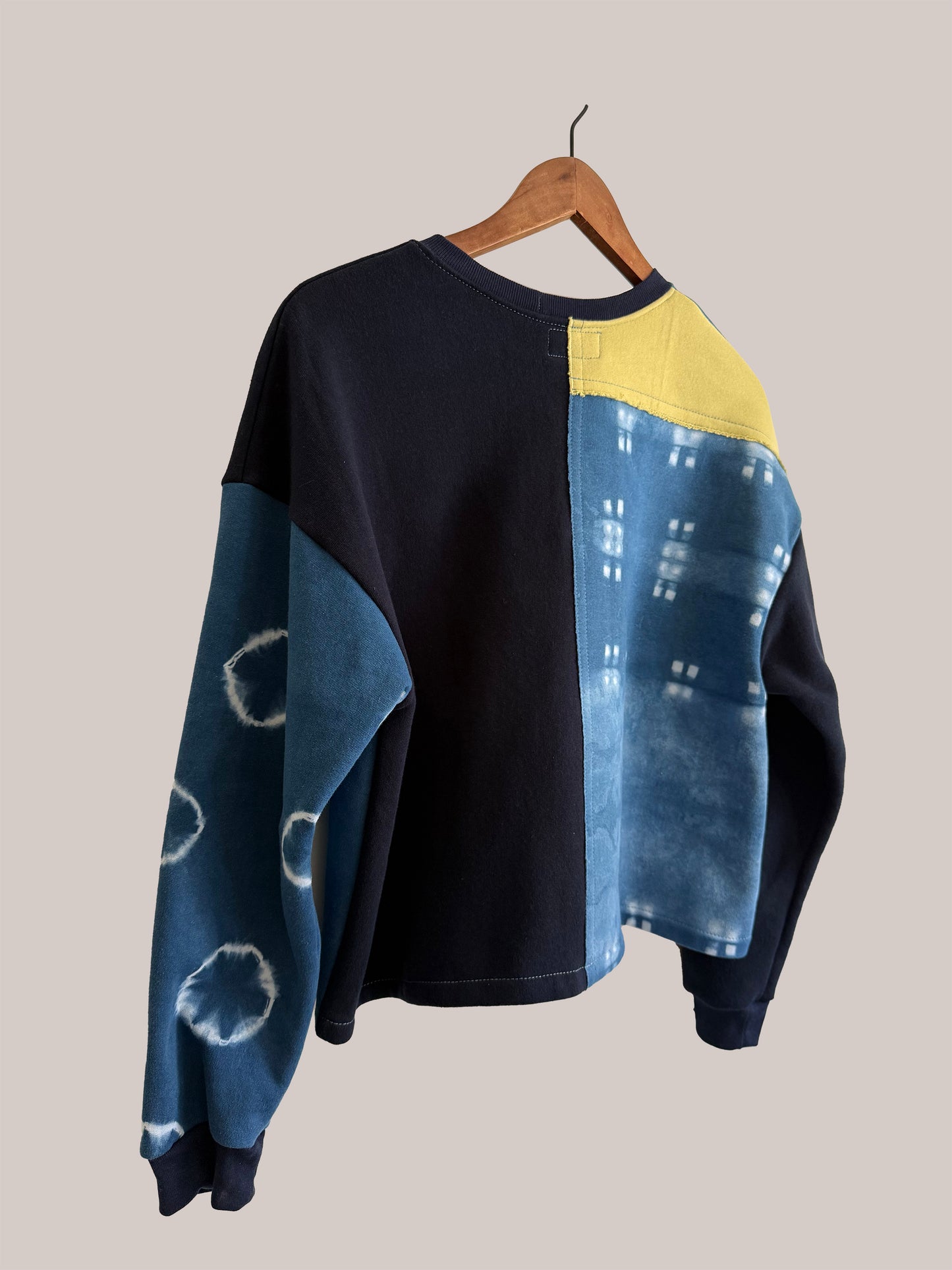 Cropped Patchwork Sweater in Lime and Indigo — M