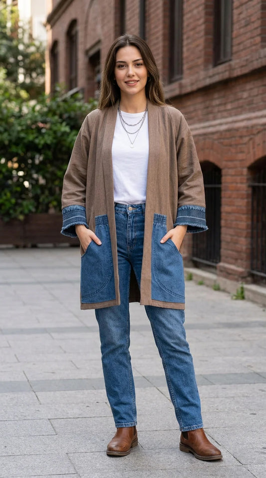 Linen Kimono With Denim Details