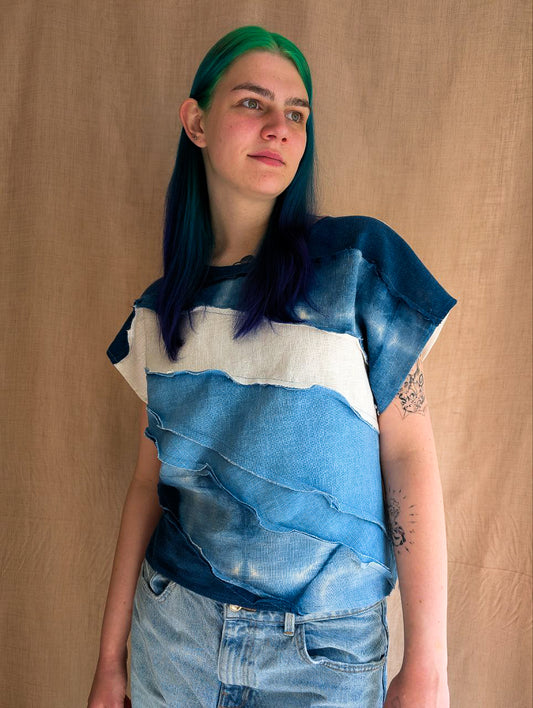 Indigo Waves Patchwork Top in Ramie
