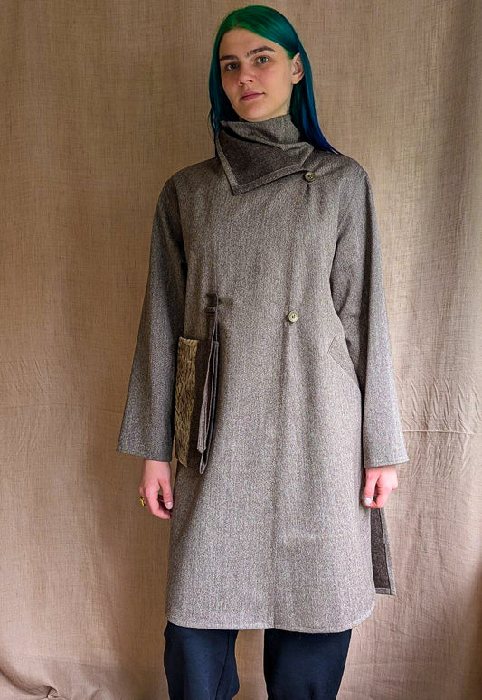 Grey Wool Coat with Leather Patch Pocket