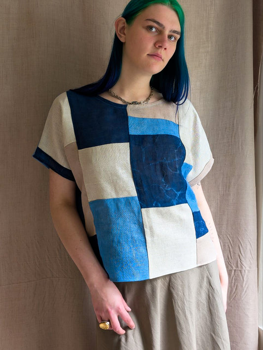 Vertical Linen Patchwork Top in Indigo Sparkles