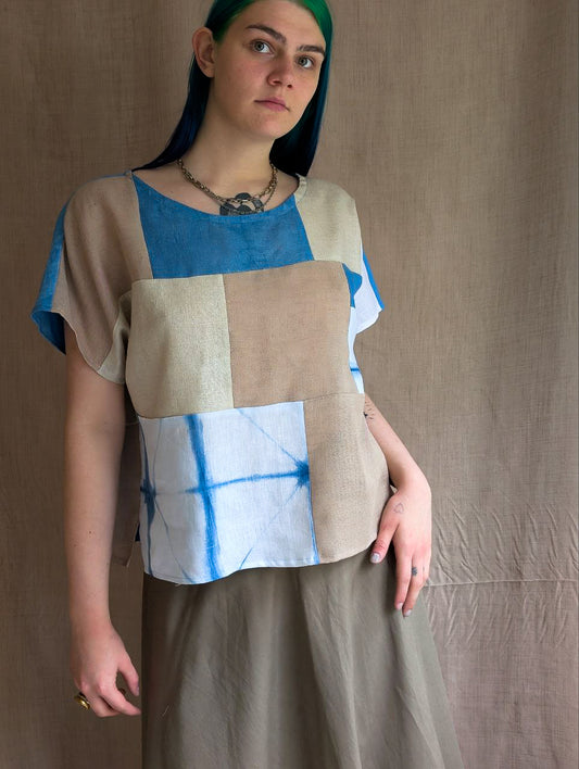 Linen Patchwork Top in Indigo Sparkles