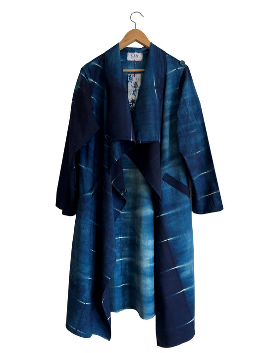 Waterfall Coat with Geometric Indigo Stripes