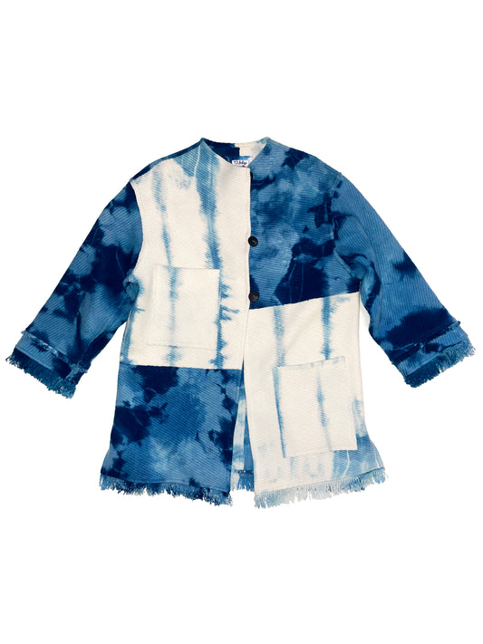 Shibori Patchwork Wool Coat – White and Indigo