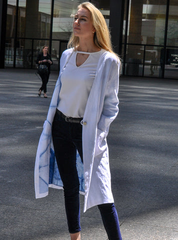 Lena Reversible Linen Vneck Coat in White and Indigo Itajime Shibori