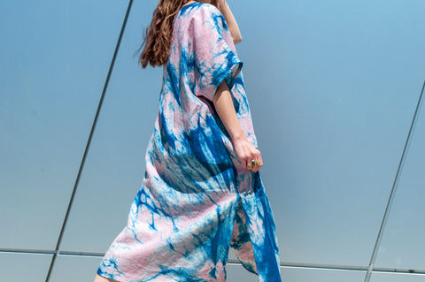Pink V-Neck Linen Tunic Dress in Arashi