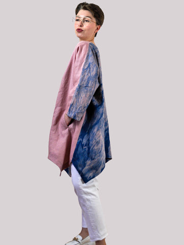 Patchwork Linen Tulip Tunic In Indigo Arashi