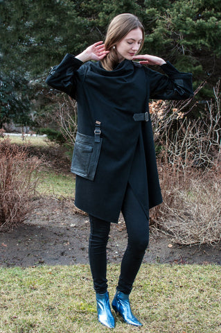 Black Wool Oversized Coat With Wraparound Collar and Leather Details