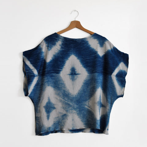 Linen Boxy Blouse in Indigo Rhombus and Oat