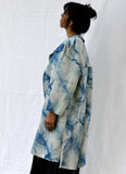 Long Linen Coat in Abstract Polka Dot Indigo
