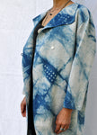 Long Linen Coat in Abstract Polka Dot Indigo