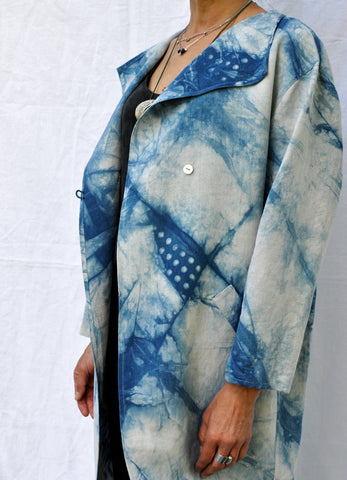 Long Linen Coat in Abstract Polka Dot Indigo